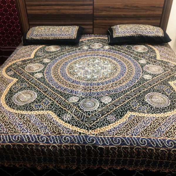 Blue Black Bed Sheet Embroidery