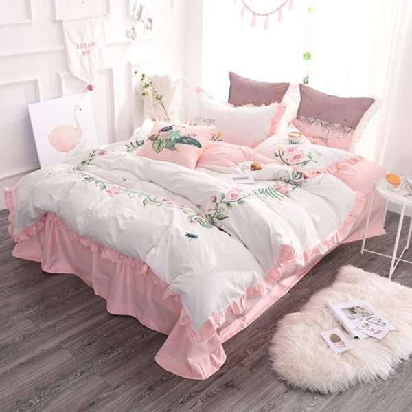 Pink White Embroidered Bed Sheet Dubai